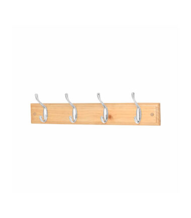 Touchpoint Hat & Coat Hook Rail - 450 x 70 x 15mm - 4 Hooks - Pine Board with Polished Chrome Hooks